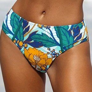 Cupshe Swimsuit Bottom: Floral Print Teal Mustard Yellow Bikini Size Medium NWT
